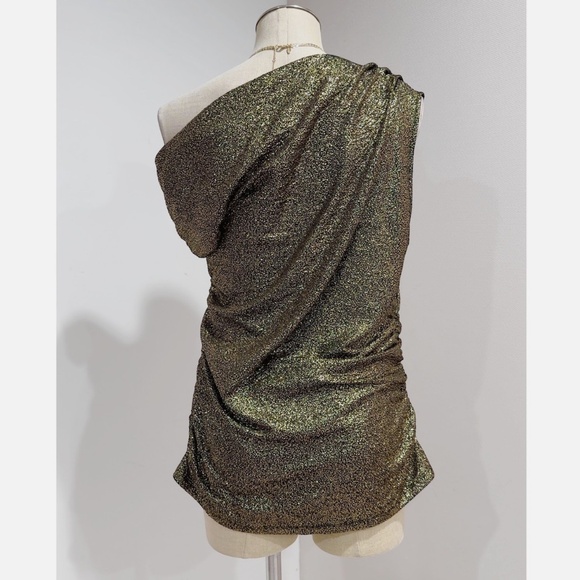 Donna Karan Women's Gold/Black Metallic Shiny Ruched One Shoulder Top Size L - Picture 6 of 7